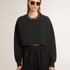 Sudadera corta de algodón para mujer con cristales en la parte delantera Sudadera corta de algodón para mujer con cristales en la parte delantera