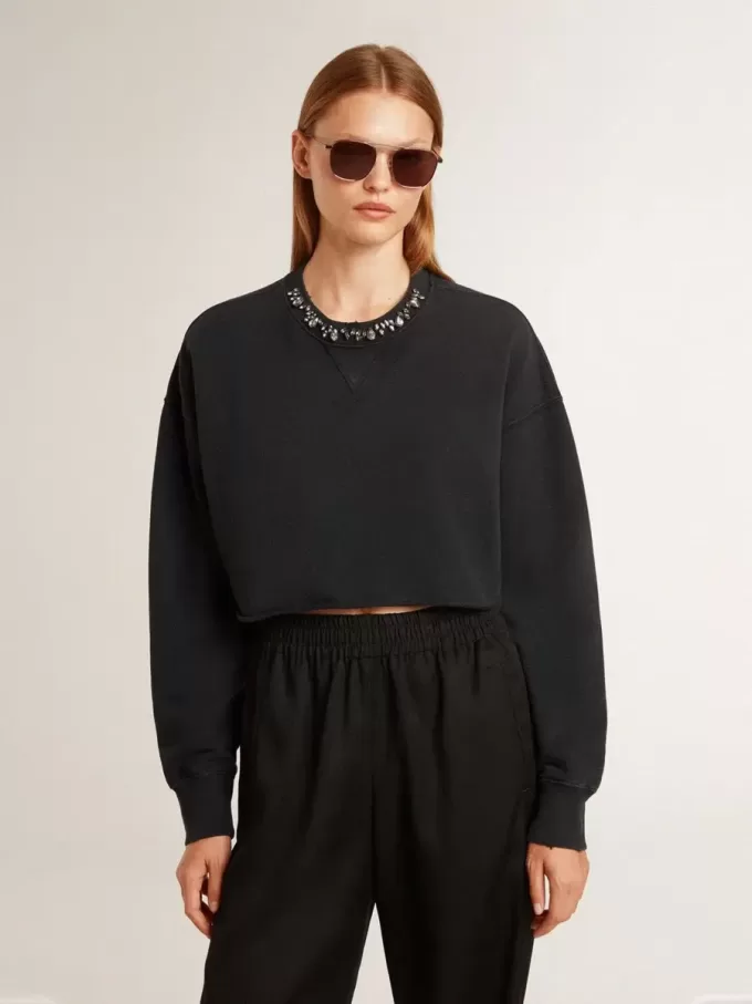 Sudadera corta de algodón para mujer con cristales en la parte delantera Sudadera corta de algodón para mujer con cristales en la parte delantera