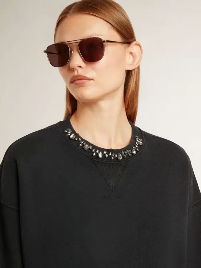 Sudadera corta de algodón para mujer con cristales en la parte delantera Sudadera corta de algodón para mujer con cristales en la parte delantera