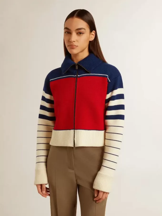 Sudadera corta de lana a rayas multicolor para mujer Sudadera corta de lana a rayas multicolor para mujer