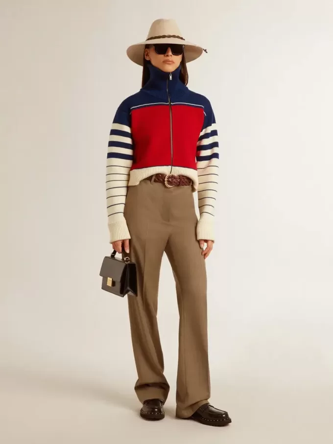 Sudadera corta de lana a rayas multicolor para mujer Sudadera corta de lana a rayas multicolor para mujer
