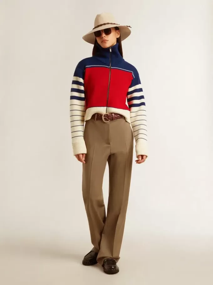 Sudadera corta de lana a rayas multicolor para mujer Sudadera corta de lana a rayas multicolor para mujer