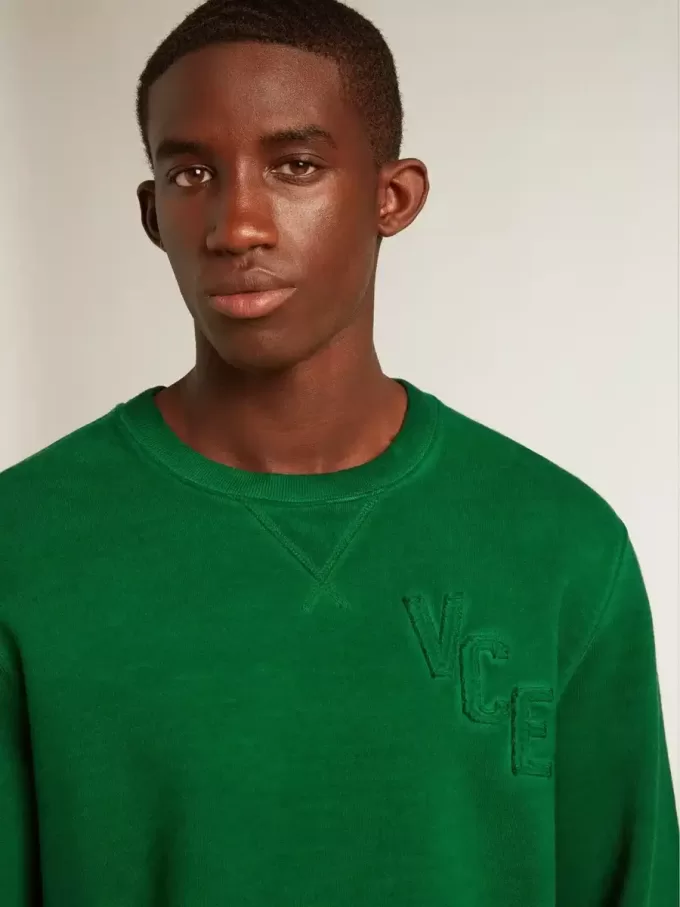 Sudadera de cuello redondo en felpa de algodón verde Sudadera de cuello redondo en felpa de algodón verde