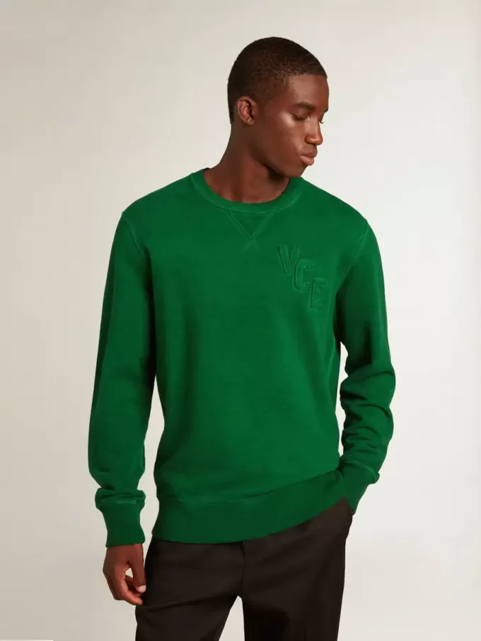 Sudadera de cuello redondo en felpa de algodón verde Sudadera de cuello redondo en felpa de algodón verde