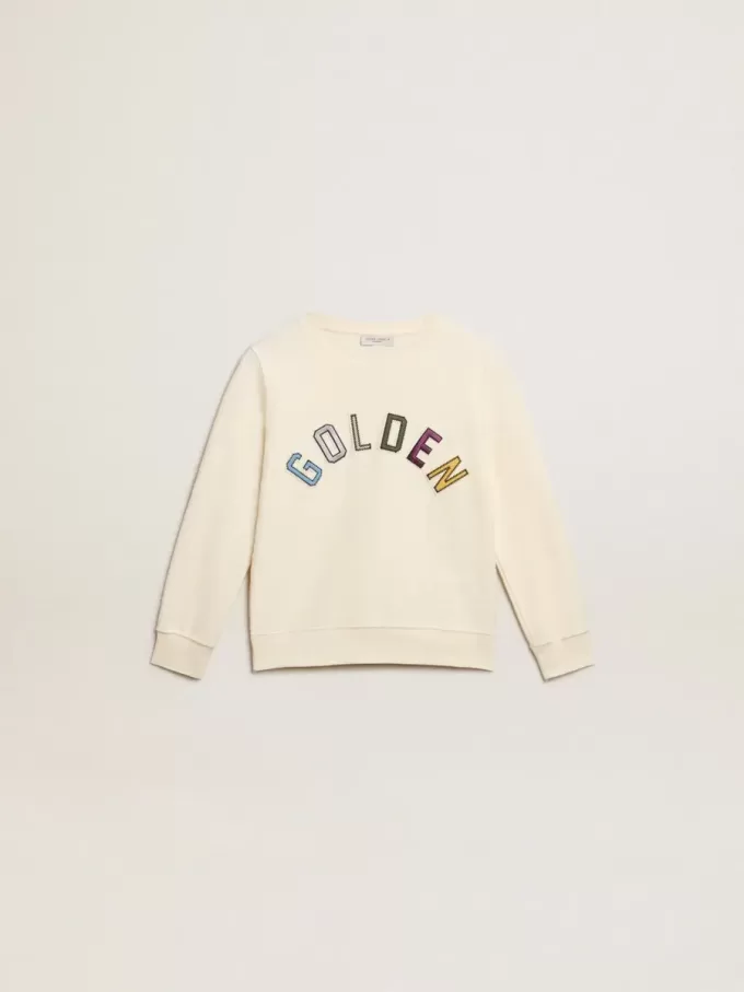 Sudadera en blanco desgastado con letras doradas multicolores en la parte delantera Sudadera en blanco desgastado con letras doradas multicolores en la parte delantera