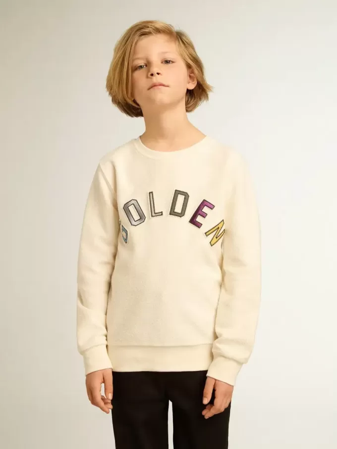 Sudadera en blanco desgastado con letras doradas multicolores en la parte delantera Sudadera en blanco desgastado con letras doradas multicolores en la parte delantera