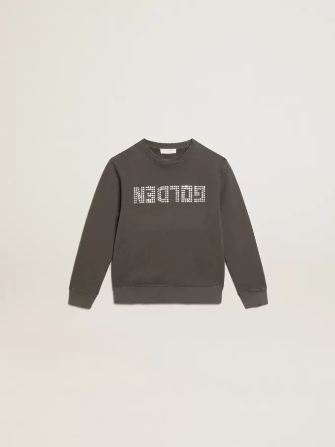 Sudadera gris desgastada con letras de cristal Sudadera gris desgastada con letras de cristal