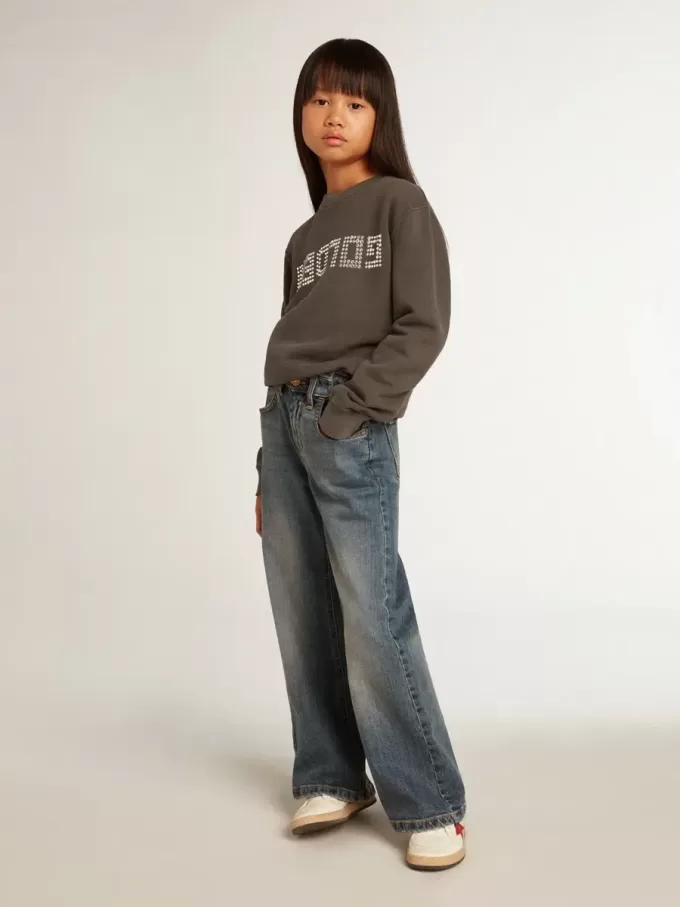 Sudadera gris desgastada con letras de cristal Sudadera gris desgastada con letras de cristal