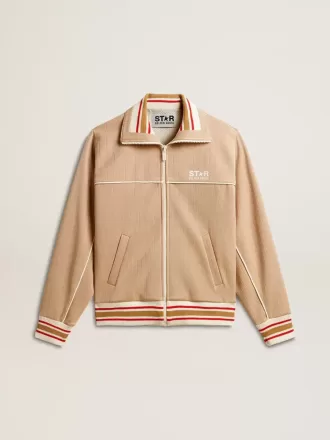 Sudadera ligera beige con cremallera y logotipo blanco para mujer