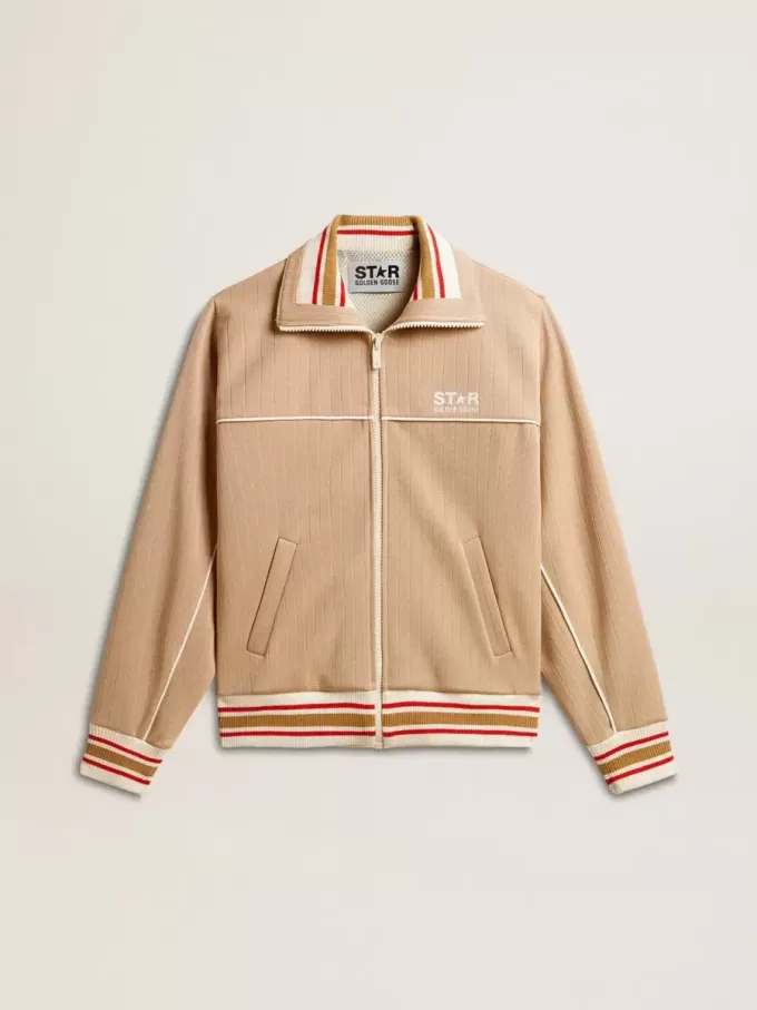 Sudadera ligera beige con cremallera y logotipo blanco para mujer Sudadera ligera beige con cremallera y logotipo blanco para mujer