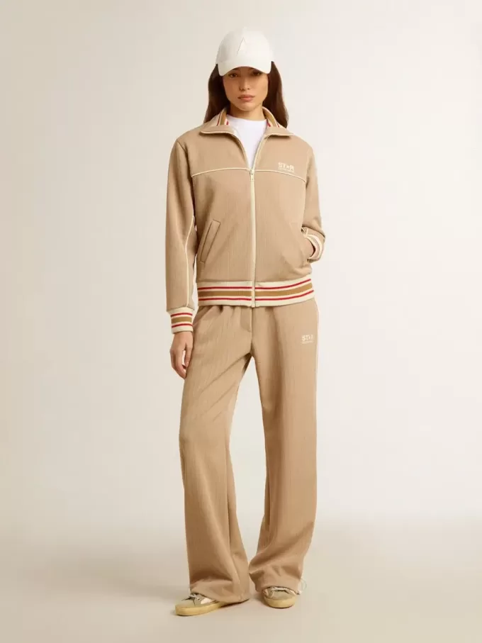 Sudadera ligera beige con cremallera y logotipo blanco para mujer Sudadera ligera beige con cremallera y logotipo blanco para mujer