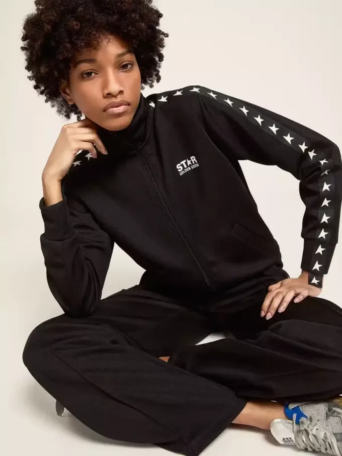 Sudadera negra con cremallera y estrellas blancas para mujer Sudadera negra con cremallera y estrellas blancas para mujer