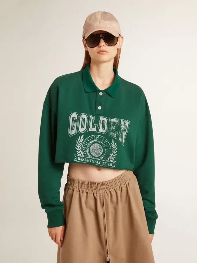 Sudadera polo corta verde para mujer con estampado Sudadera polo corta verde para mujer con estampado