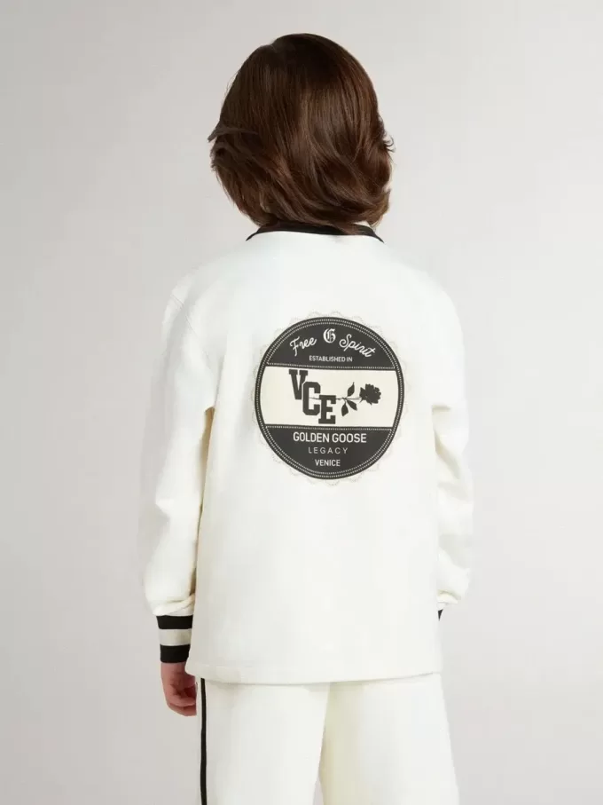 Sudadera polo infantil de algodón blanco con bordado en el pecho y estampado en la espalda
