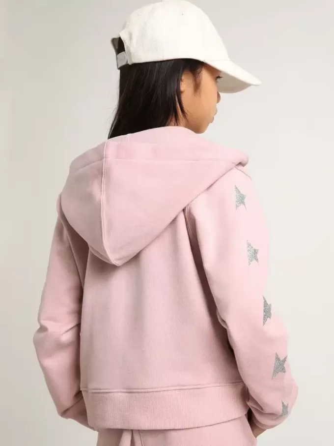 Sudadera rosa con capucha y estrellas plateadas brillantes Sudadera rosa con capucha y estrellas plateadas brillantes