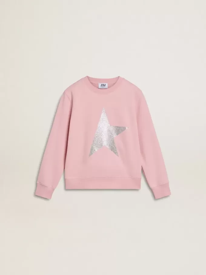 Sudadera rosa con estrella maxi en purpurina plateada en la parte delantera Sudadera rosa con estrella maxi en purpurina plateada en la parte delantera