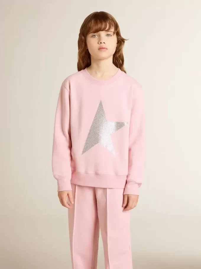Sudadera rosa con estrella maxi en purpurina plateada en la parte delantera Sudadera rosa con estrella maxi en purpurina plateada en la parte delantera
