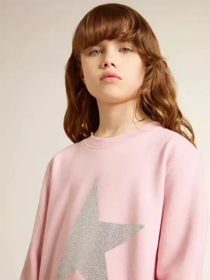 Sudadera rosa con estrella maxi en purpurina plateada en la parte delantera Sudadera rosa con estrella maxi en purpurina plateada en la parte delantera