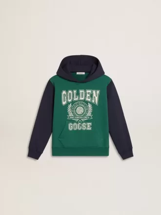 Sudadera verde y azul para niño con capucha y estampado