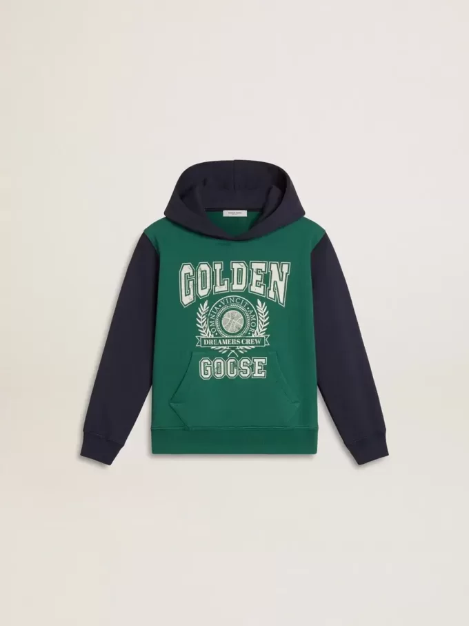 Sudadera verde y azul para niño con capucha y estampado