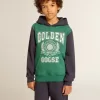 Sudadera verde y azul para niño con capucha y estampado