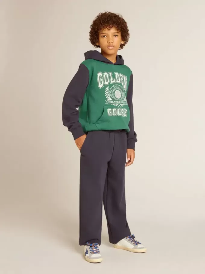 Sudadera verde y azul para niño con capucha y estampado