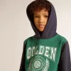 Sudadera verde y azul para niño con capucha y estampado
