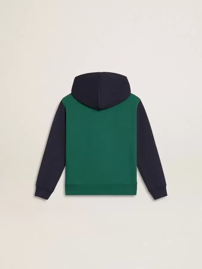 Sudadera verde y azul para niño con capucha y estampado