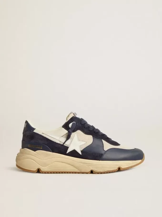 Suela Running Sole en malla color crema y piel azul con estrella de piel blanca Suela Running Sole en malla color crema y piel azul con estrella de piel blanca