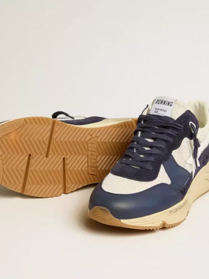 Suela Running Sole en malla color crema y piel azul con estrella de piel blanca Suela Running Sole en malla color crema y piel azul con estrella de piel blanca