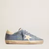 Super-Star en ante azul claro con estrella y lengüeta en el talón de cuero beige Super-Star en ante azul claro con estrella y lengüeta en el talón de cuero beige