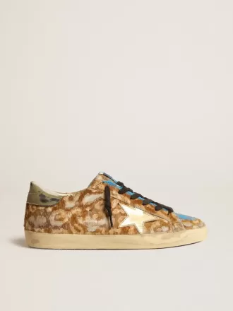 Super-Star LAB para hombre en piel de potro con estampado de leopardo, estrella dorada y lengüeta gris en el talón