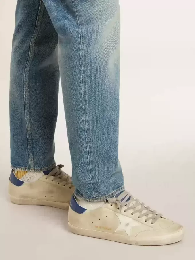 Super-Star LTD para hombre en nubuck con estrella de cuero blanco y lengüeta azul en el talón