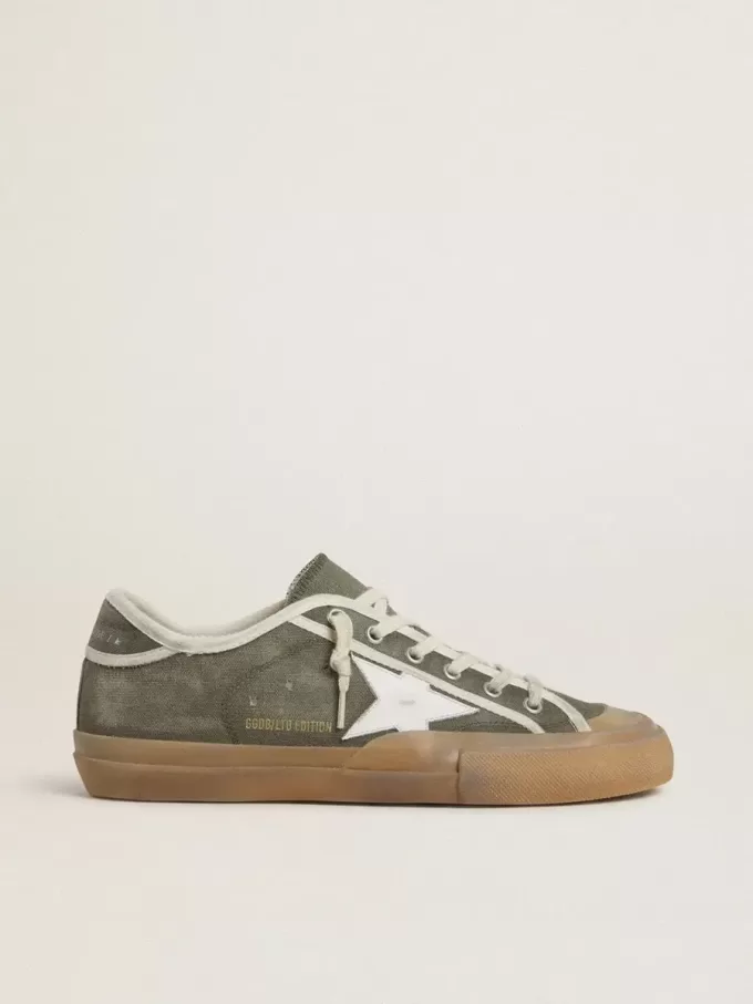 Super-Star LTD para mujer en lona verde con estrella de cuero blanco Super-Star LTD para mujer en lona verde con estrella de cuero blanco