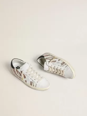 Super-Star LTD para mujer en piel de potro blanca con purpurina marrón y estrella de ante blanco Super-Star LTD para mujer en piel de potro blanca con purpurina marrón y estrella de ante blanco