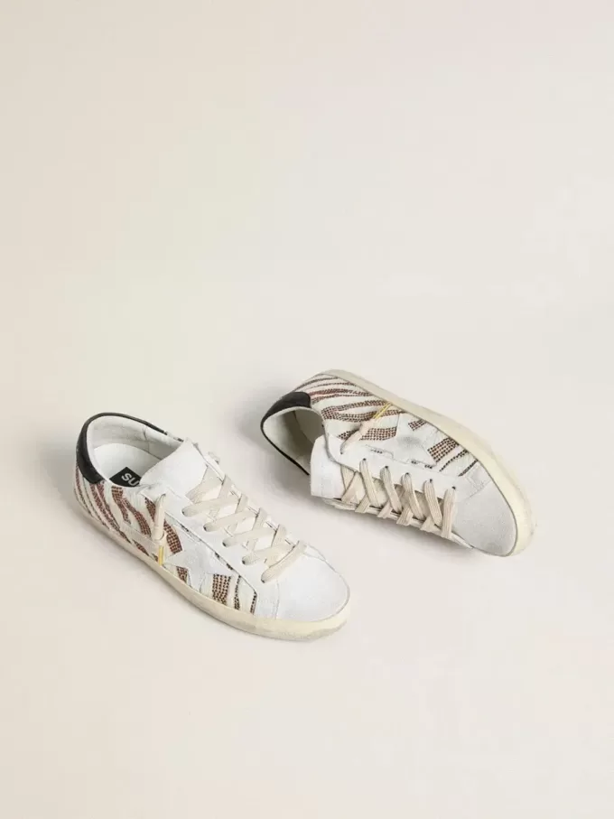 Super-Star LTD para mujer en piel de potro blanca con purpurina marrón y estrella de ante blanco Super-Star LTD para mujer en piel de potro blanca con purpurina marrón y estrella de ante blanco