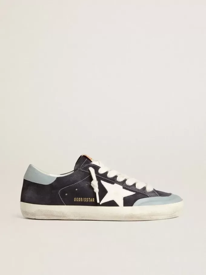 Super-Star para hombre en ante azul medianoche con estrella de cuero blanco y lengüeta del talón de cuero azul claro