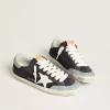 Super-Star para hombre en ante azul medianoche con estrella de cuero blanco y lengüeta del talón de cuero azul claro