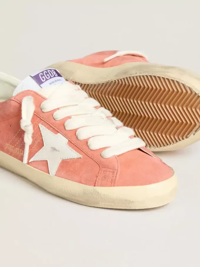 Super-Star para hombre en ante coral con estrella y lengüeta del talón en piel blanca