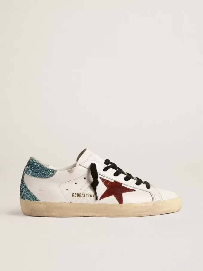 Super-Star para mujer con estrella de ante burdeos y lengüeta del talón con purpurina azul claro Super-Star para mujer con estrella de ante burdeos y lengüeta del talón con purpurina azul claro