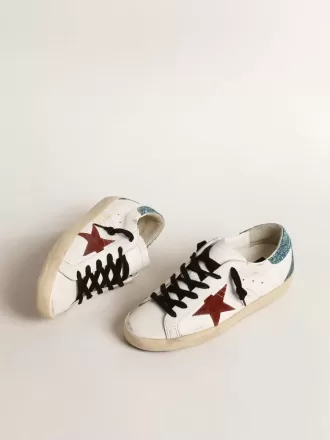 Super-Star para mujer con estrella de ante burdeos y lengüeta del talón con purpurina azul claro