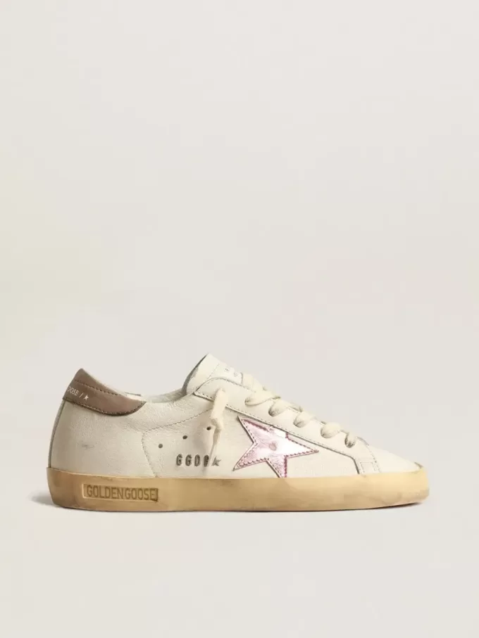 Super-Star para mujer en napa blanca con estrella de cuero metalizado rosa