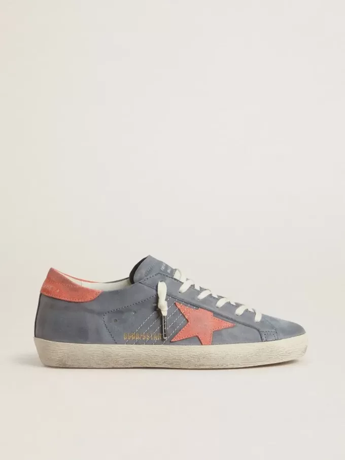 Super Star para mujer en nubuck azul con estrella y lengüeta en el talón de ante rosa Super Star para mujer en nubuck azul con estrella y lengüeta en el talón de ante rosa