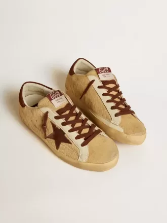 Super-Star para mujer en piel de potro beige con estrella y lengüeta del talón en ante marrón Super-Star para mujer en piel de potro beige con estrella y lengüeta del talón en ante marrón