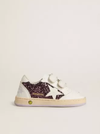 Teen Ball Star en purpurina morada con estrella y lengüeta en el talón de cuero blanco
