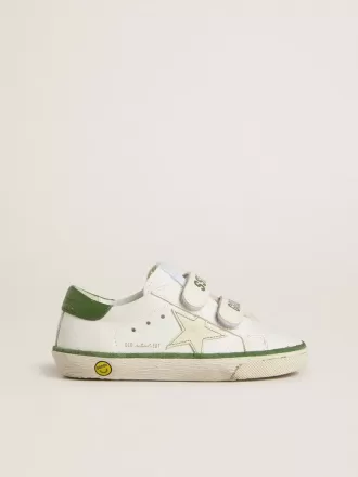 Teen Old School en piel blanca con lengüeta en el talón de napa verde e inserción verde