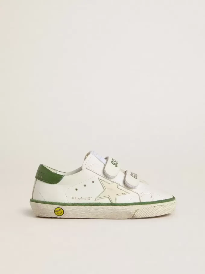 Teen Old School en piel blanca con lengüeta en el talón de napa verde e inserción verde Teen Old School en piel blanca con lengüeta en el talón de napa verde e inserción verde