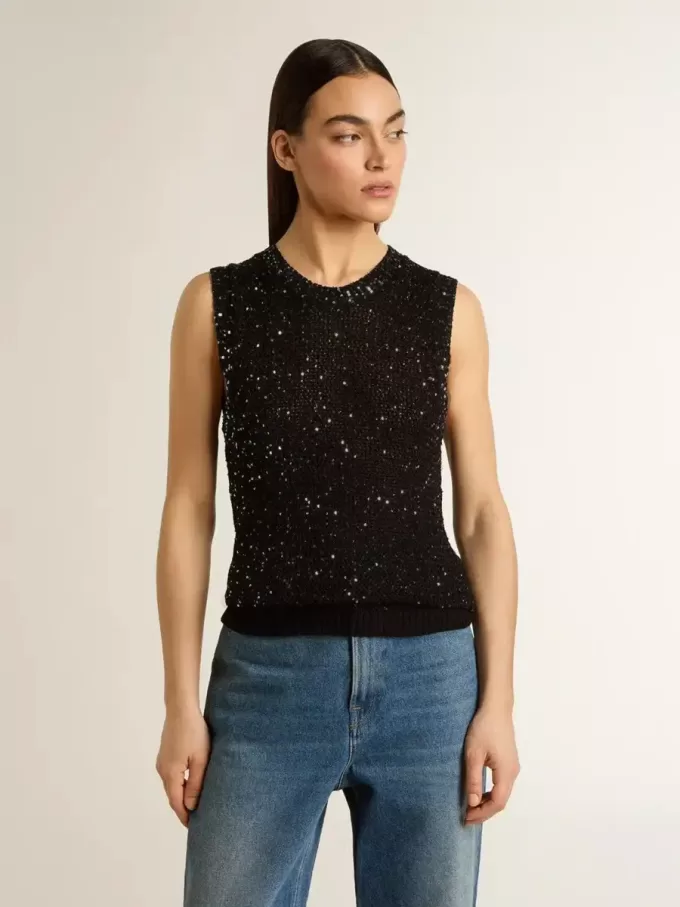 Top de malla negra con lentejuelas y detalles en contraste Top de malla negra con lentejuelas y detalles en contraste