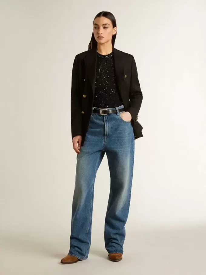 Top de malla negra con lentejuelas y detalles en contraste Top de malla negra con lentejuelas y detalles en contraste