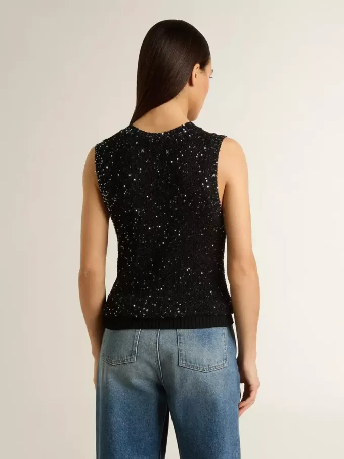 Top de malla negra con lentejuelas y detalles en contraste Top de malla negra con lentejuelas y detalles en contraste
